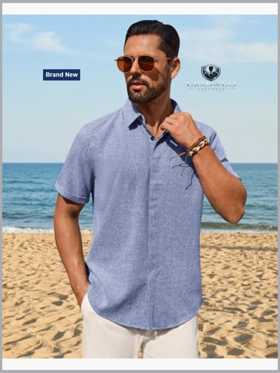 Men's Linen Blend Short Sleeve Button Down Shirt Relaxed Fit Summer Casual - Picture 5 of 7